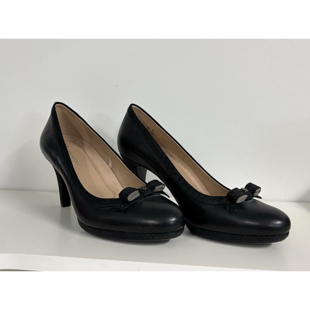Naturalizer Maizie Black Leather Bow Round Toe Stiletto Pumps Heels Womens 9W